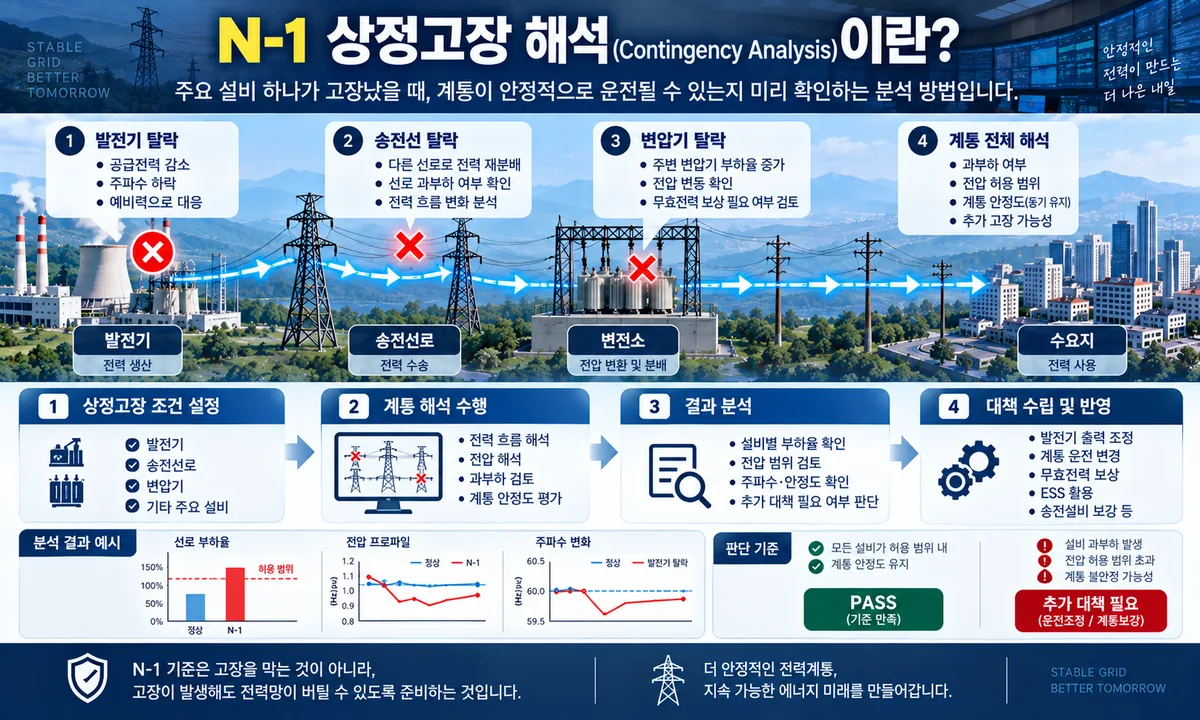 발전기 송전선 변압기 탈락을 가정해 과부하 전압 안정도를 확인하는 N-1 상정고장 해석 인포그래픽