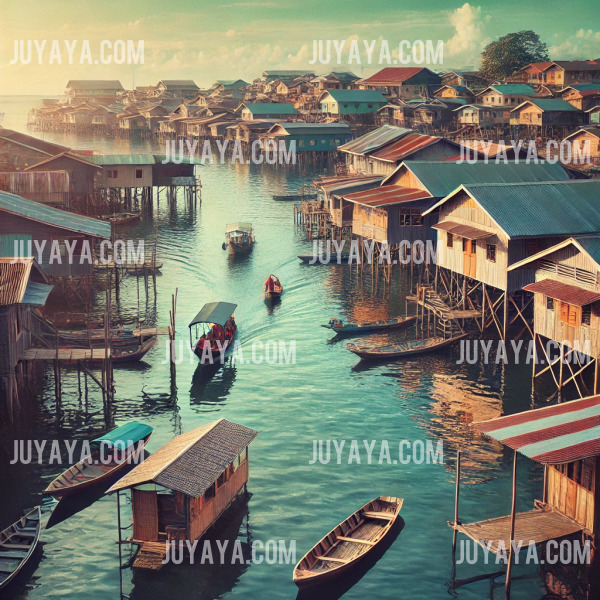 물 위에 세워진 캄퐁 아예르의 전통 가옥과 보트들