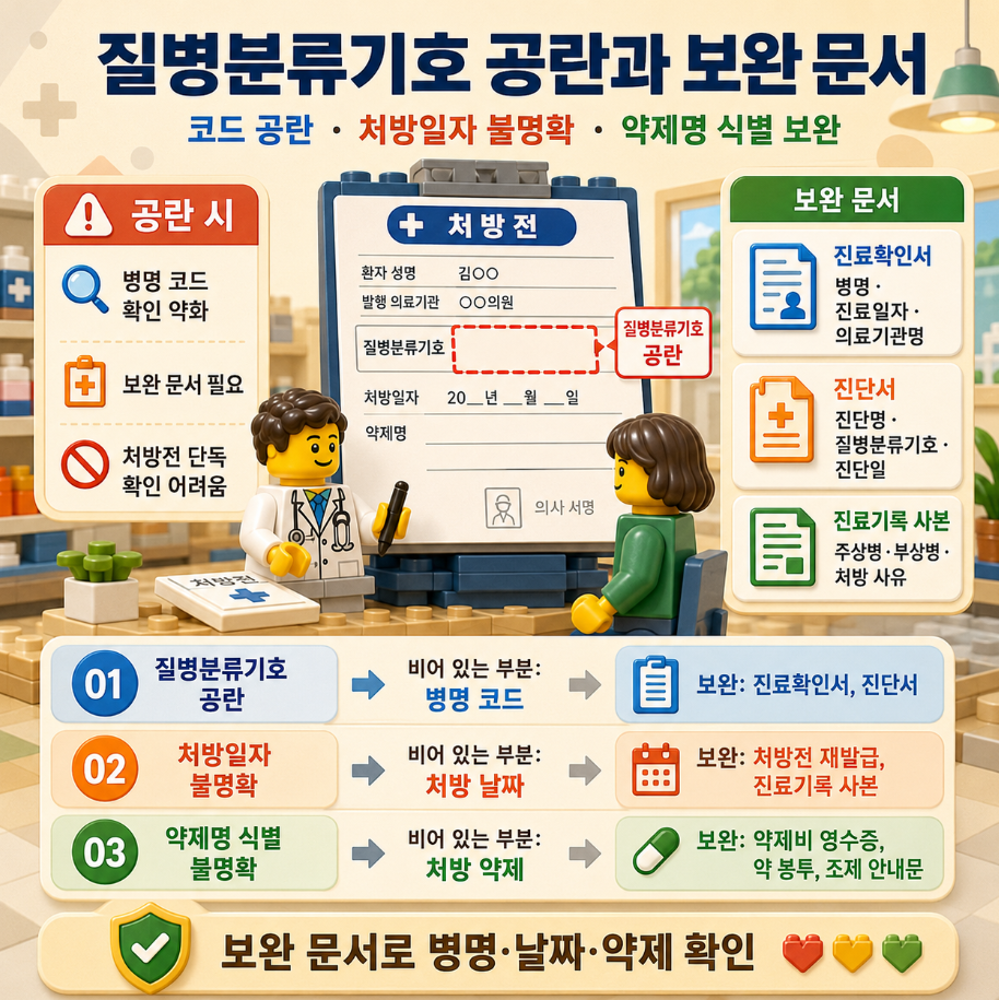 감기, 장염, 피부염, 허리 통증 처방전과 약제비 영수증 대조 사례를 레고 스타일로 표현한 메디컬 인포그래픽