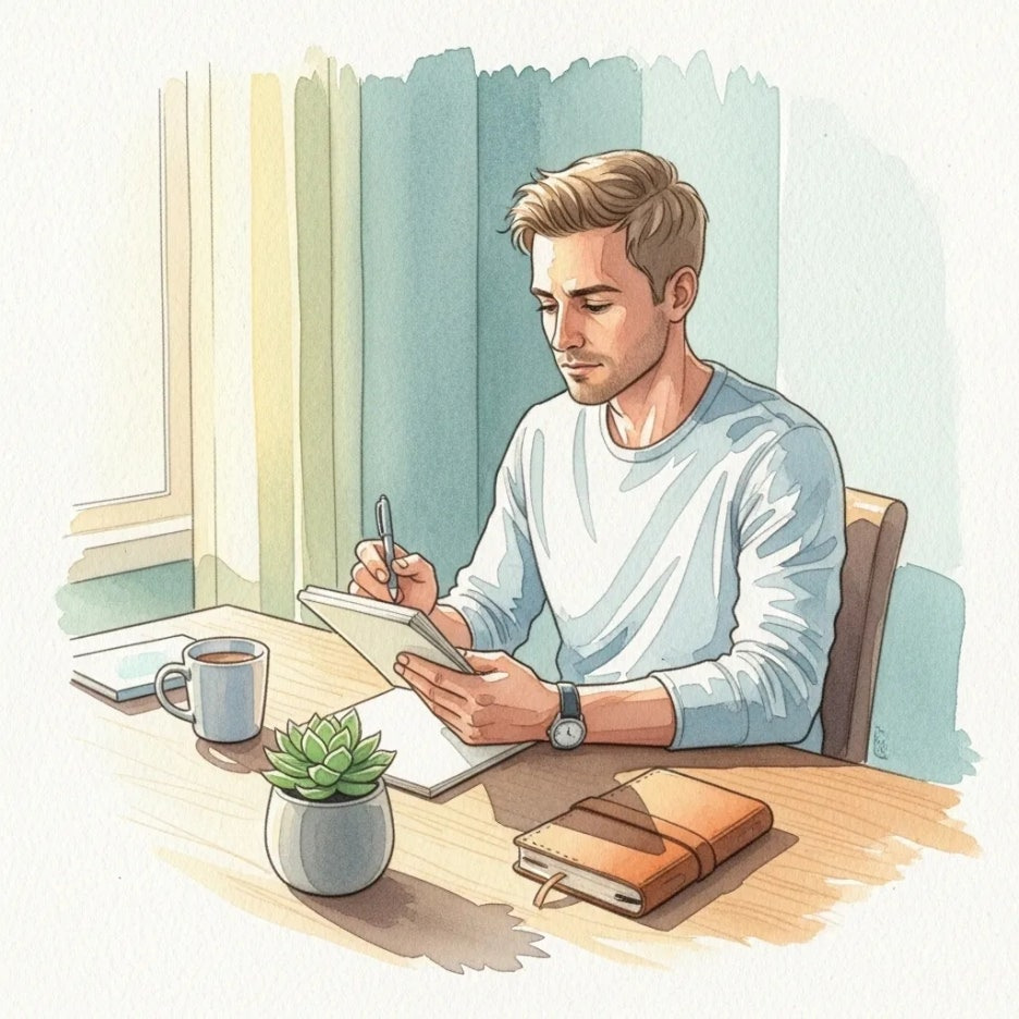 자신의 루틴을 계획하는 남성의 차분한 모습