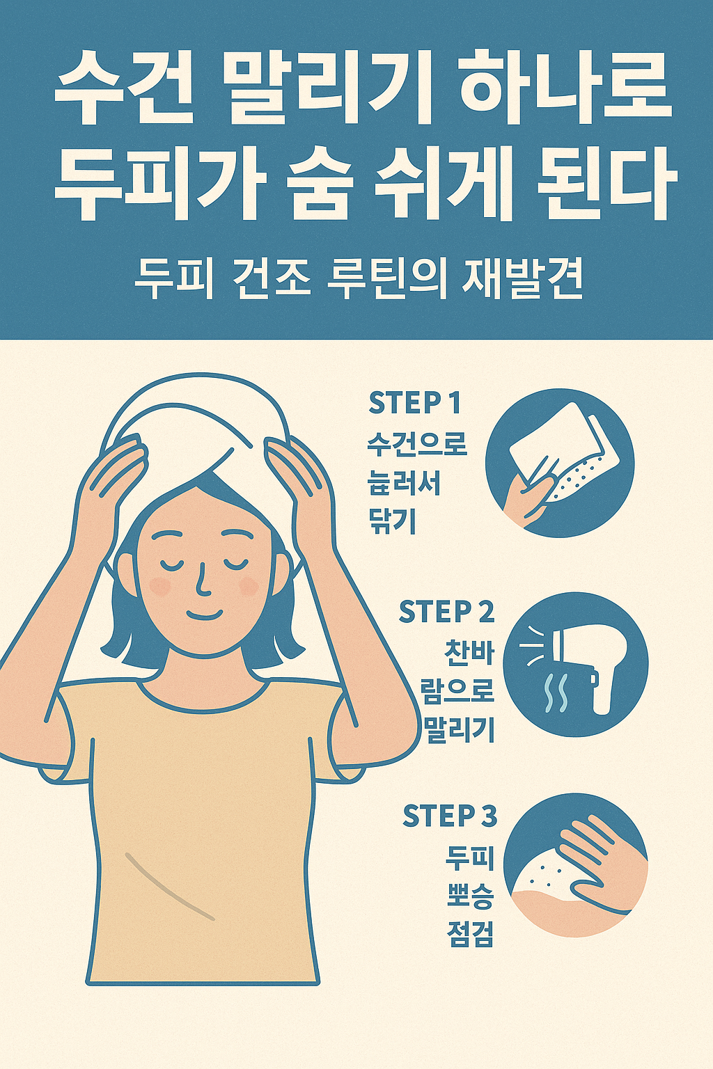 올바른 수건 말리기와 드라이어 사용을 통해 두피를 건강하게 유지하는 루틴을 인포그래픽 형식으로 표현한 디지털 일러스트