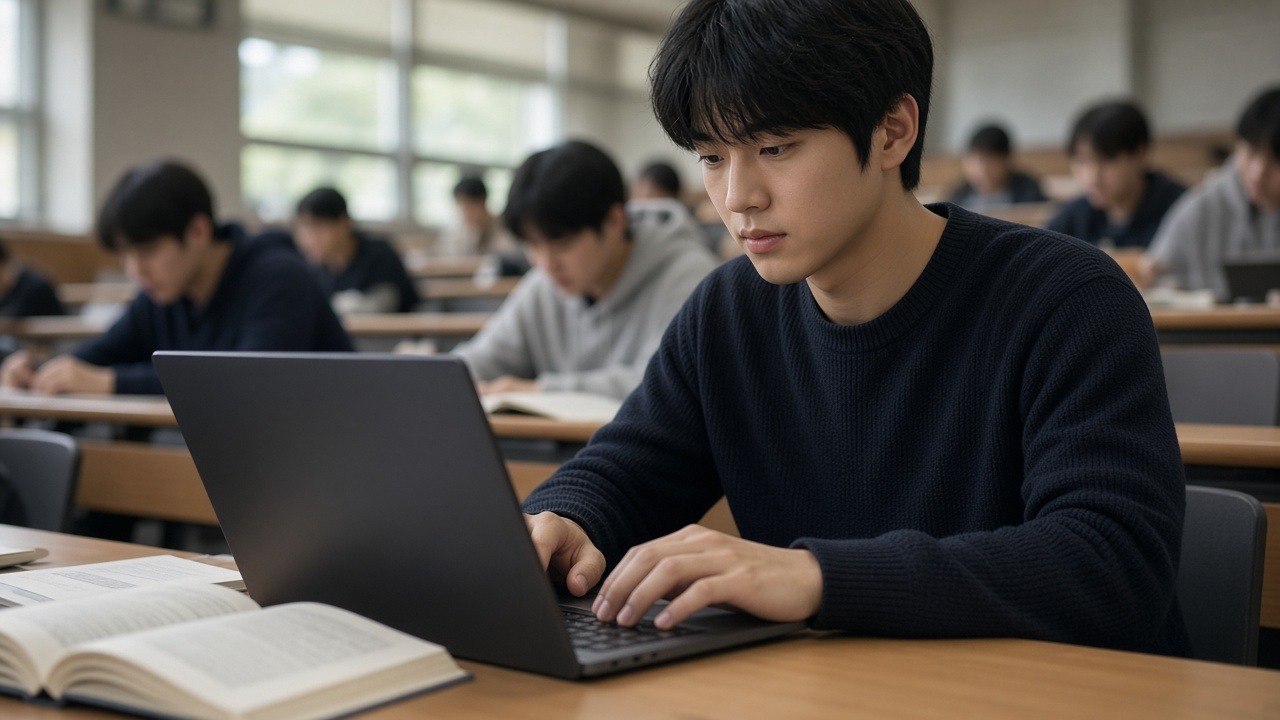 대학 강의실에서 노트북으로 과제를 하며 교재를 펼친 대학생