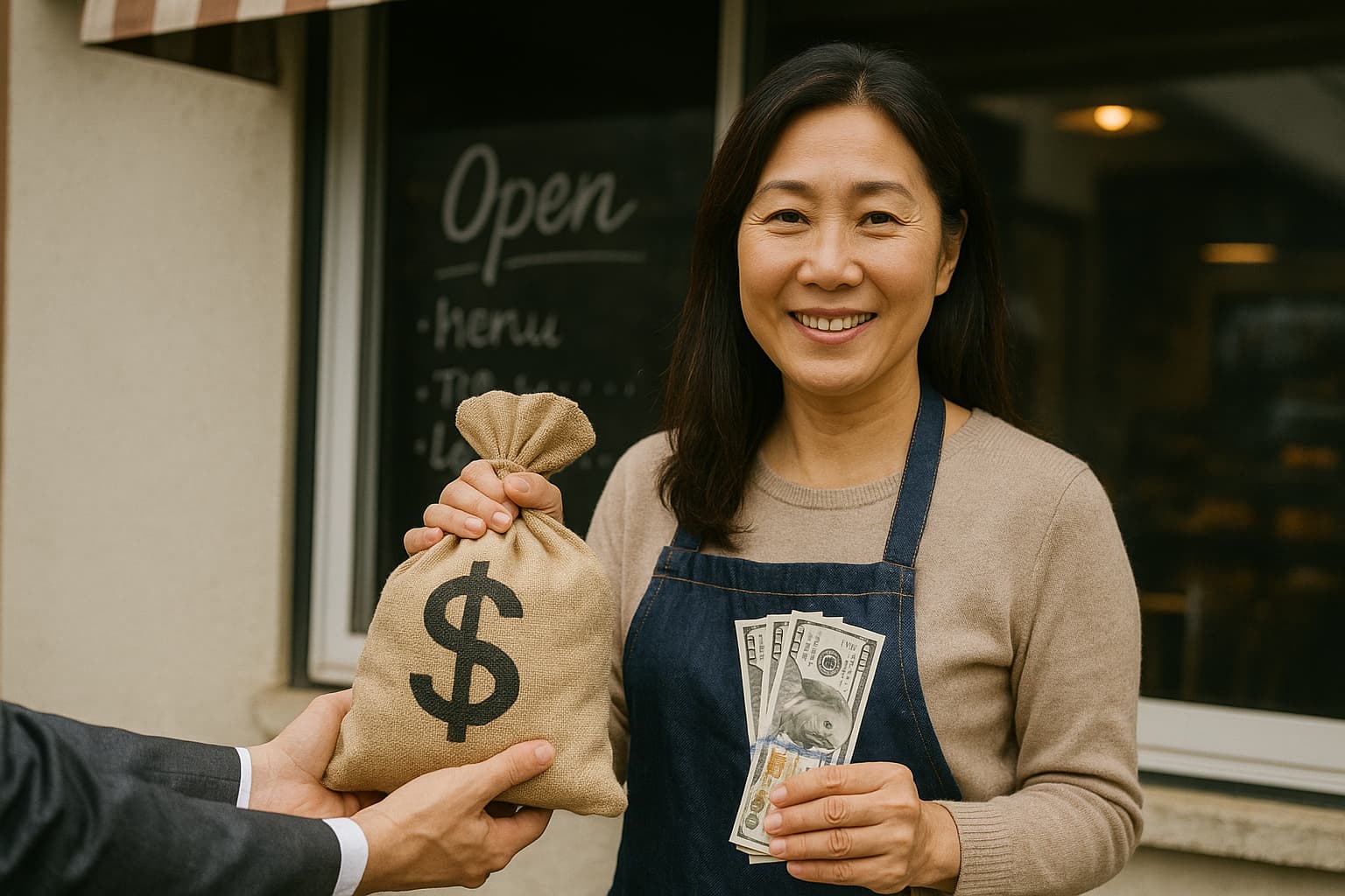 카페 앞에서 현금을 받는 아시아 여성 소상공인의 지원금 수령 장면