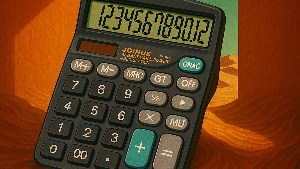 사막 배경에 놓인 계산기, 숫자가 가득한 디스플레이
