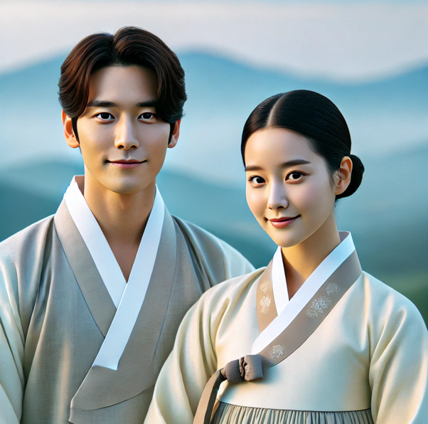 한국 드라마. 푸른 산과 하늘을 배경으로 한복을 입은 젊은 남녀 주인공이 서있다.