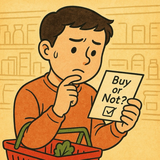 마트 장바구니를 들고 체크리스트를 보며 살까 말까 고민하는 주인공