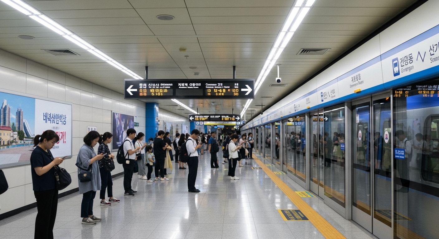 부산 지하철역 플랫폼에 열차가 도착하고 사람들이 질서정연하게 탑승을 기다리는 모습.