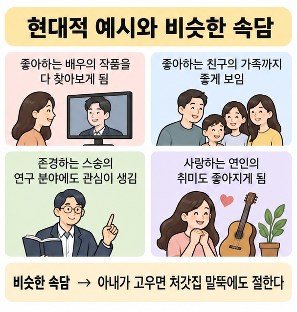사람을 좋아하면 그 사람 주변까지 좋아하게 되는 애급옥오의 실제 사용 예시를 보여주는 이미지