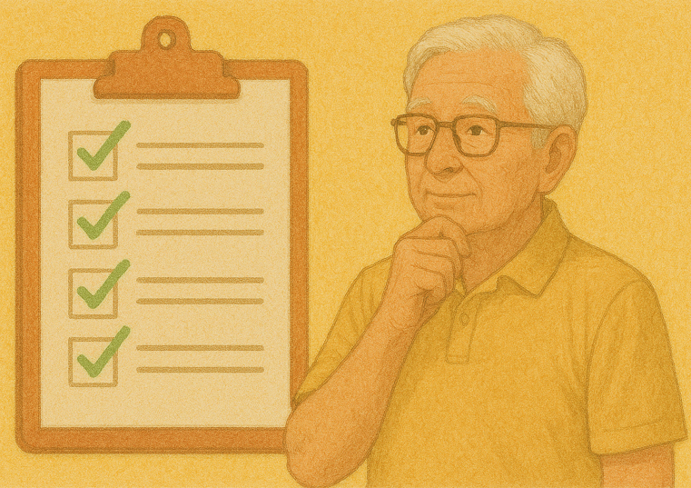 어르신이 건강 체크리스트를 보고 있는 모습