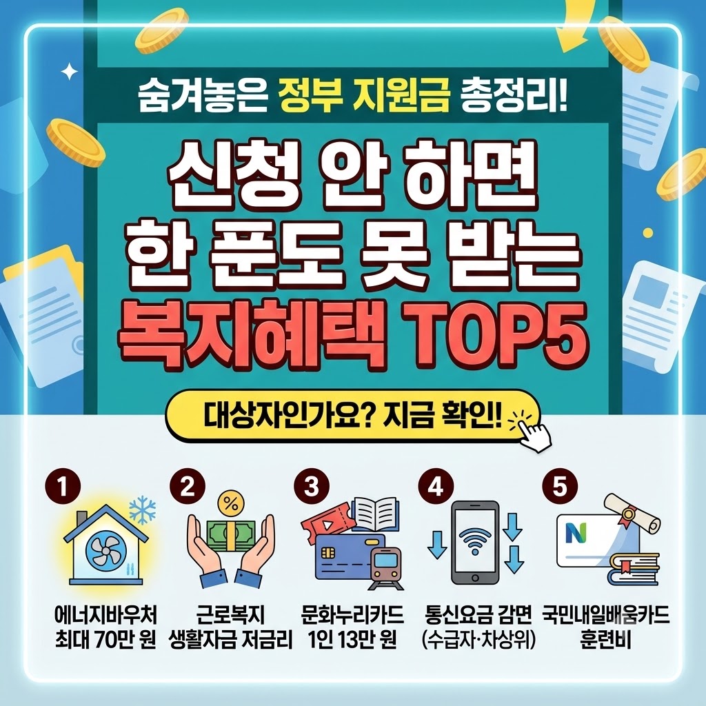 숨겨놓은 정부 지원금 총정리: 신청 안 하면 손해 보는 복지혜택 TOP5 (에너지바우처, 근로복지 생활자금, 문화누리카드, 통신요금 감면, 국민내일배움카드)
