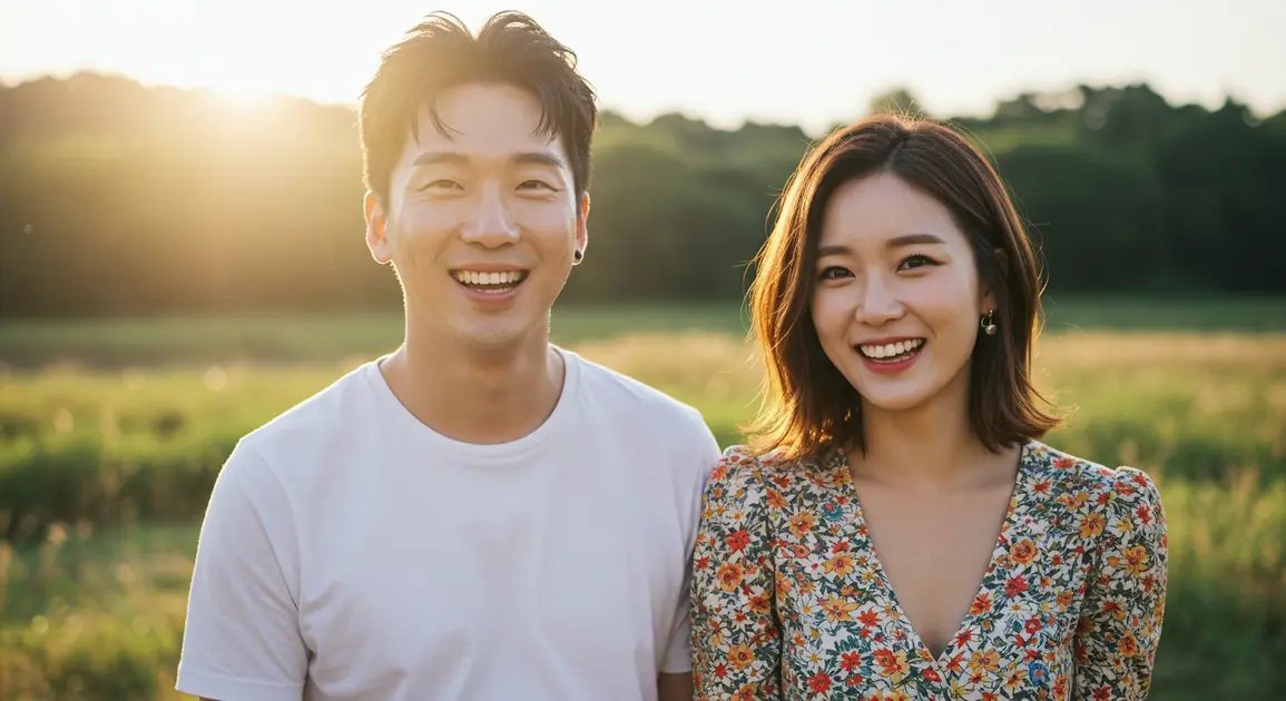 신혼부부가 밝게 웃고있다