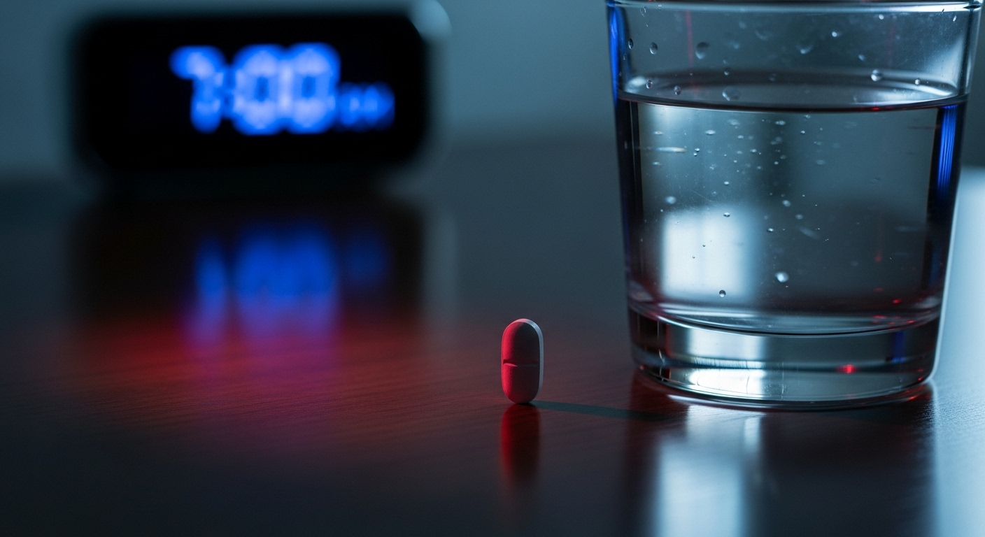 침대 옆 탁자에 놓인 작은 약 한 알과 물 한 잔. 흐릿한 알람 시계 배경과 미묘하게 드리워진 그림자가 수면유도제 사용 시 필요한 주의를 상기시킵니다.