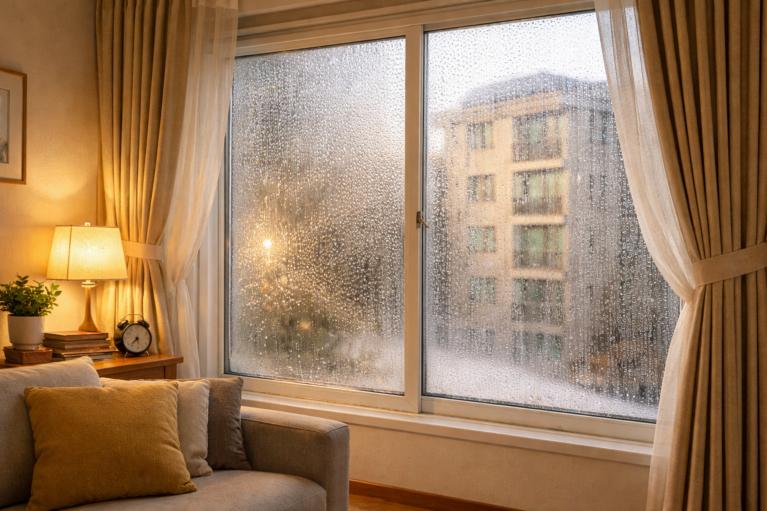 겨울철 결로 방지를 위해 단열 필름과 커튼을 설치한 창문