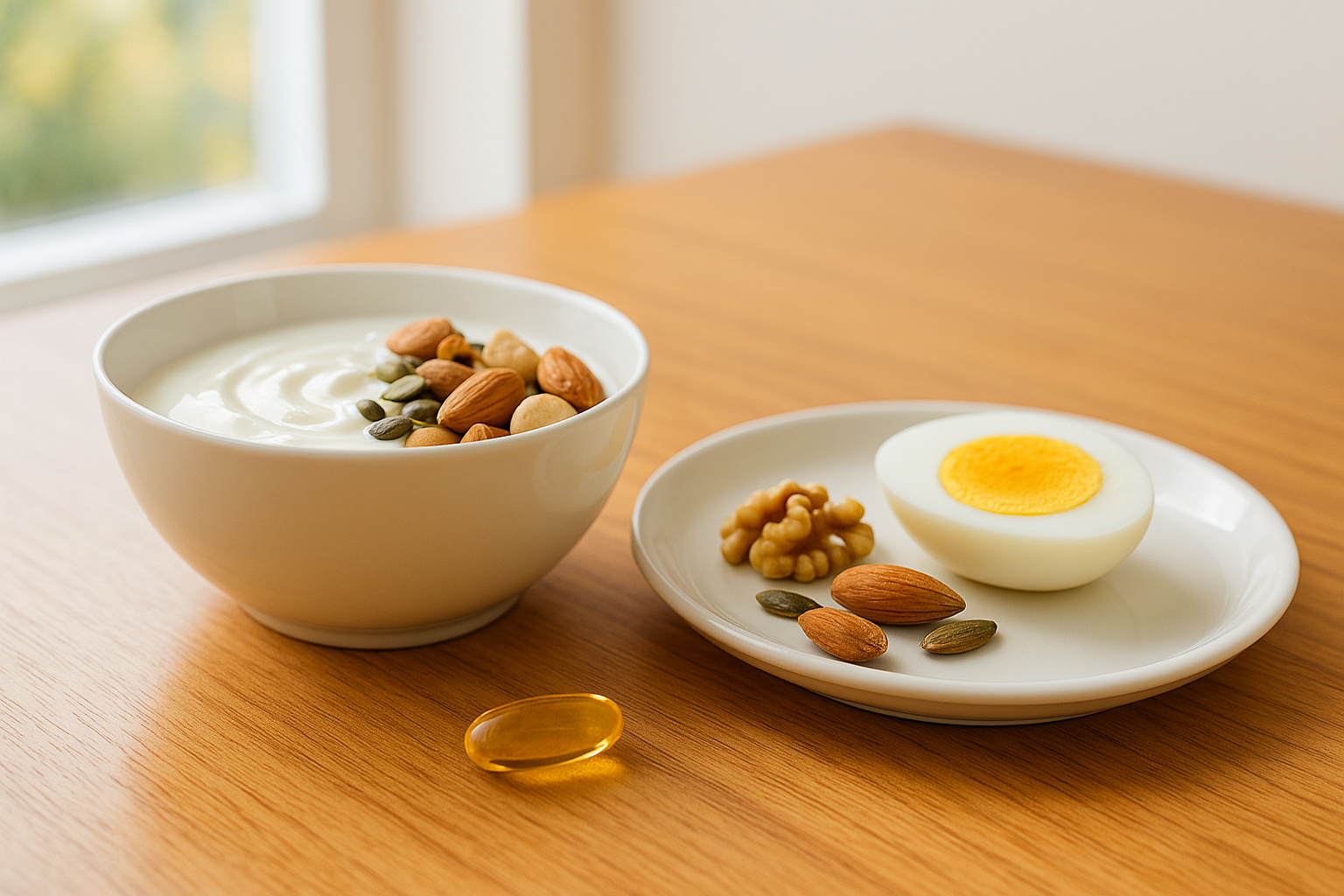비타민 D 캡슐과 요거트·견과·달걀로 구성된 아침식사 플랫레이