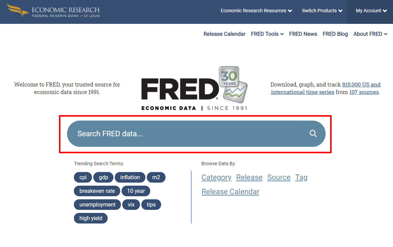 세인트루이스 연준 홈페이지 메인 화면