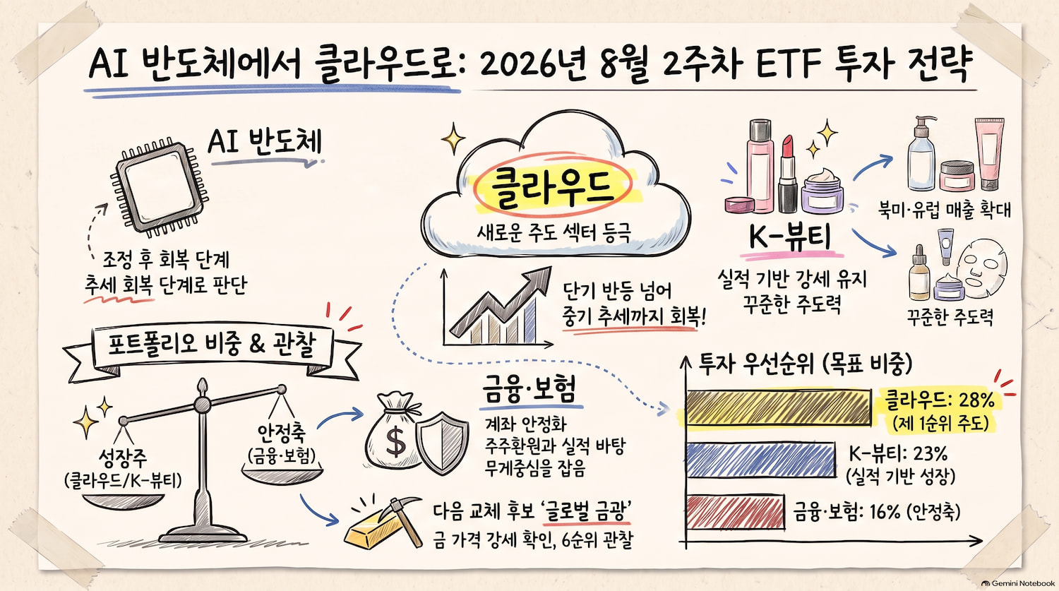 AI 반도체에서 클라우드로 주도섹터 교체, K-뷰티는 강세 유지|2026년 8월 2주차 ETF 추천 조합