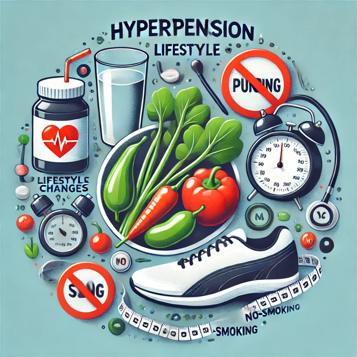 고혈압 관리를 위한 생활습관 변화, 채소 접시, 물 한 잔, 운동화, 금연 표시 포함.