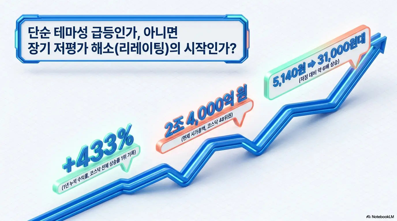 원익홀딩스 주가가 1년 누적 433% 상승하며 코스닥 전체 상승률 1위를 기록한 추세와 시가총액 2조 4,000억 원, 저점 5,140원에서 31,000원대로 약 6배 오른 흐름을 우상향 화살표로 표현한 이미지. 단순 테마 급등인지 장기 저평가 해소인지를 묻는 원익홀딩스 주가 전망 분석 내용을 설명함.