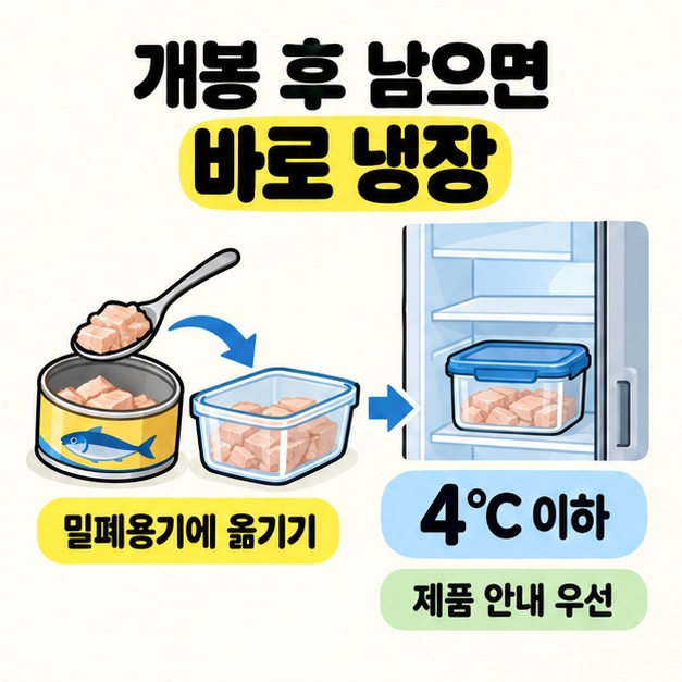 열린 참치캔의 내용물을 숟가락으로 밀폐용기에 옮겨 냉장고에 넣고 4&deg;C 이하와 제품 안내 우선을 표시한 도식