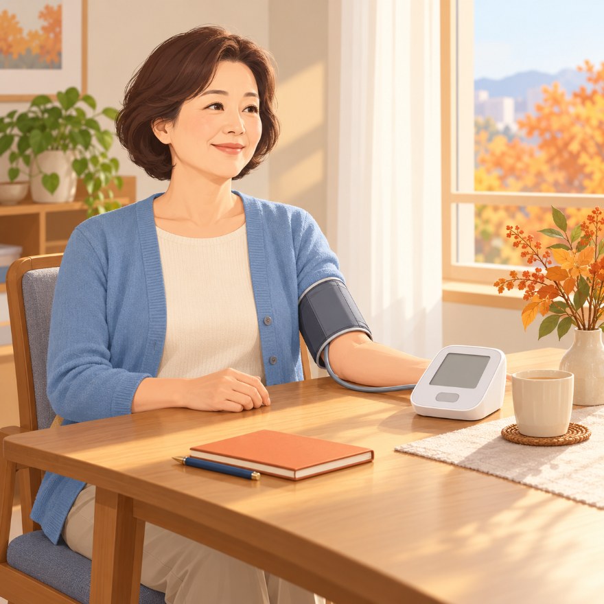 가정혈압 측정 방법, 등을 기대고 앉아 커프를 심장 높이에