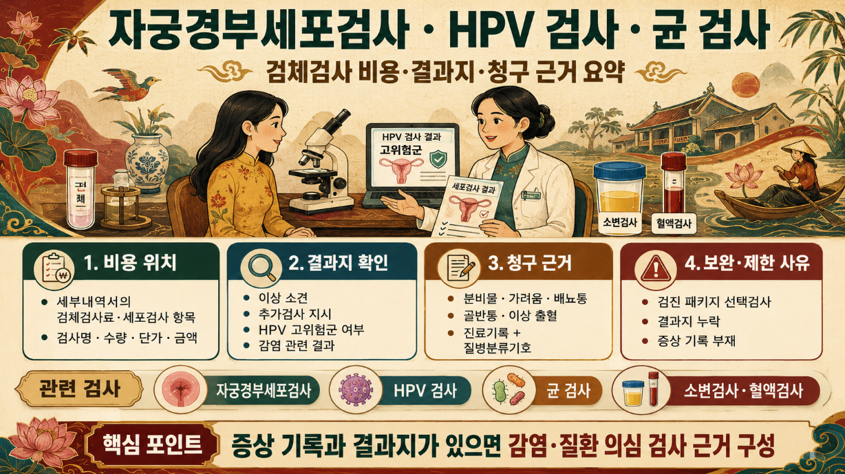 자궁경부세포검사, HPV 검사, 균 검사, 소변검사, 혈액검사의 비용 위치와 결과지 확인 기준을 정리한 베트남 전통 그림 스타일 인포그래픽