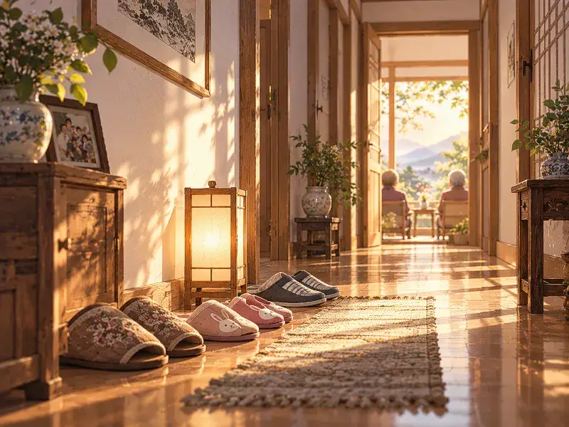 Warm symbolic family illustration of a quiet hallway with neatly arranged slippers from different generations, representing care, connection, and the flow of family devotion across generations.