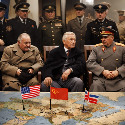 Historical scene of political leaders in military uniforms sitting behind a world map with small national flags, representing global power struggles, international politics, and geopolitical competition.