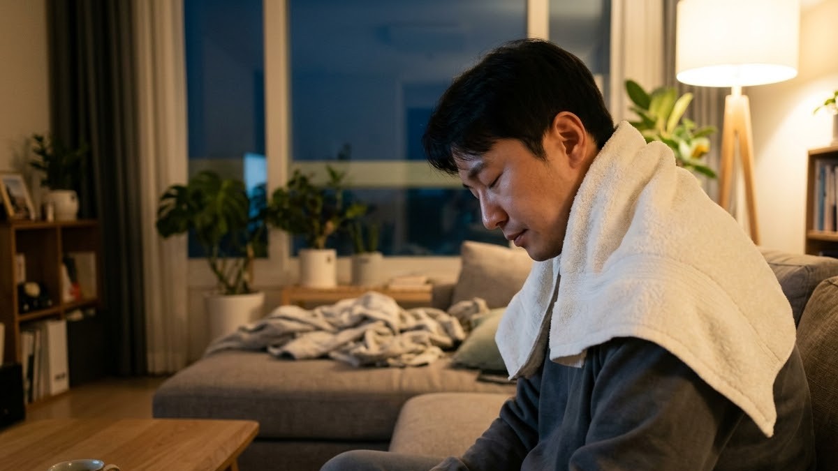 따뜻한 수건으로 목과 등을 찜질하며 쉬는 남성