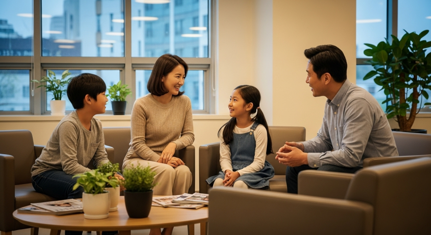 환자와 가족이 함께 웃으며 이야기하는 장면