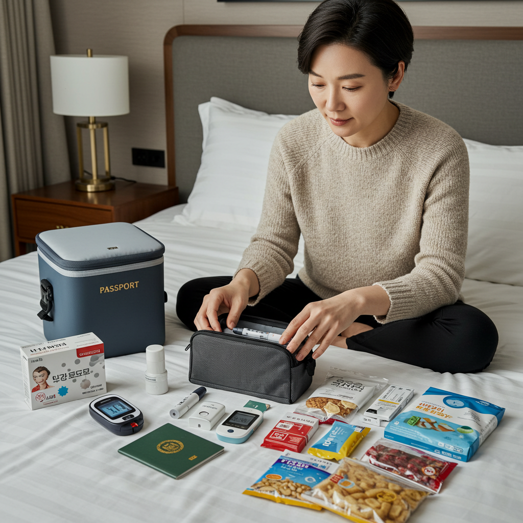 한 중년의 한국인이 침대 위에서 여권, 인슐린 보냉 파우치, 혈당측정기 등 여행 용품을 꼼꼼하게 정리하는 모습.
