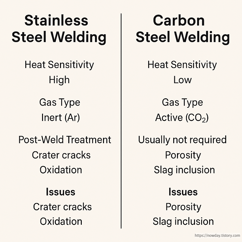 Side-by-side comparison of stainless steel and carbon steel welding characteristics, issues, and methods