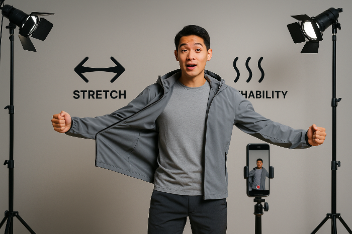 기능성 의류를 시연하는 라이브 커머스 촬영 장면