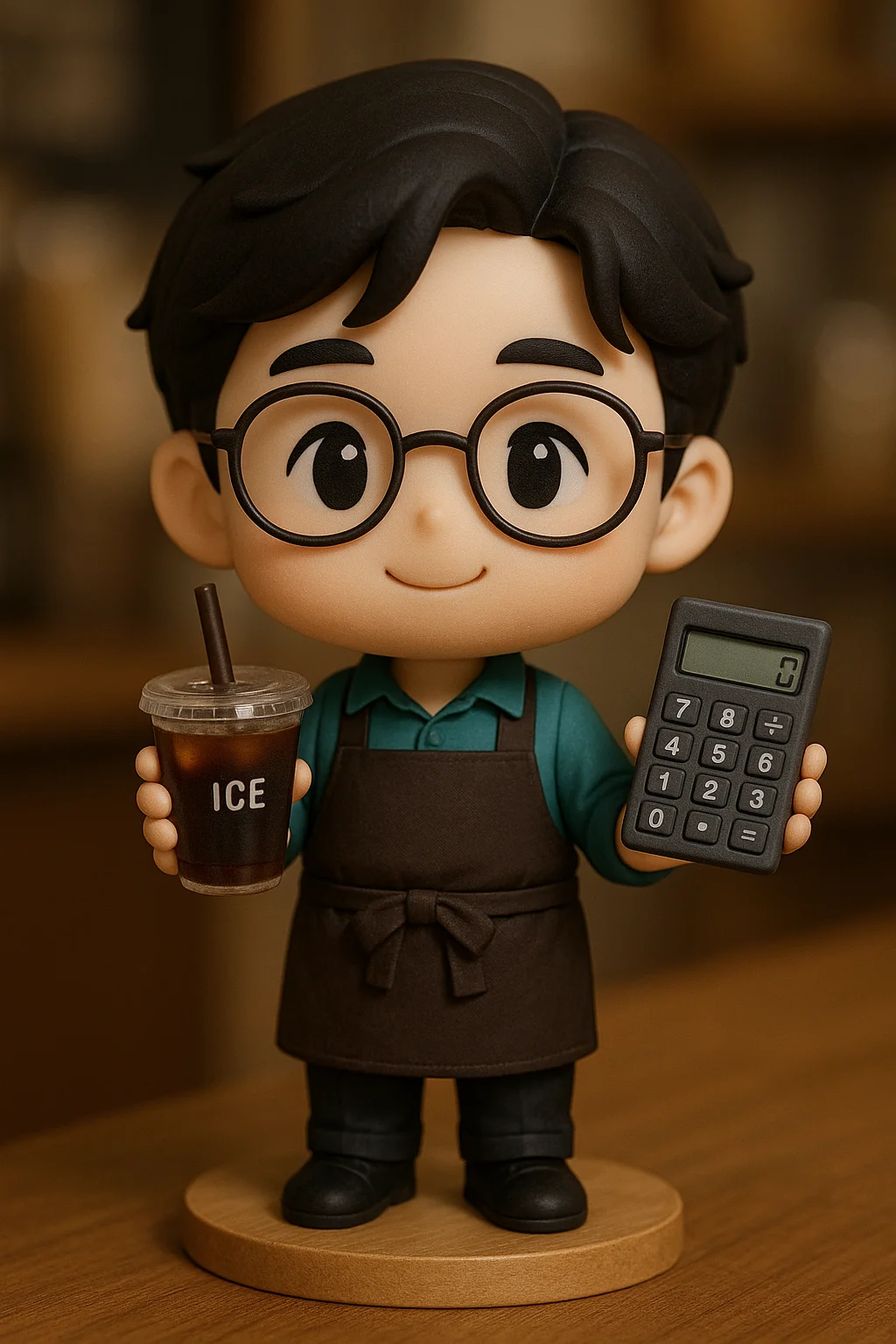 앞치마를 두른 한국 카페 알바생 캐릭터 피규어. 한 손에는 아이스 아메리카노, 다른 손에는 계산기를 들고 있다. 현실적인 소품 디테일, 귀여운 SD(슈퍼 디포르메) 스타일