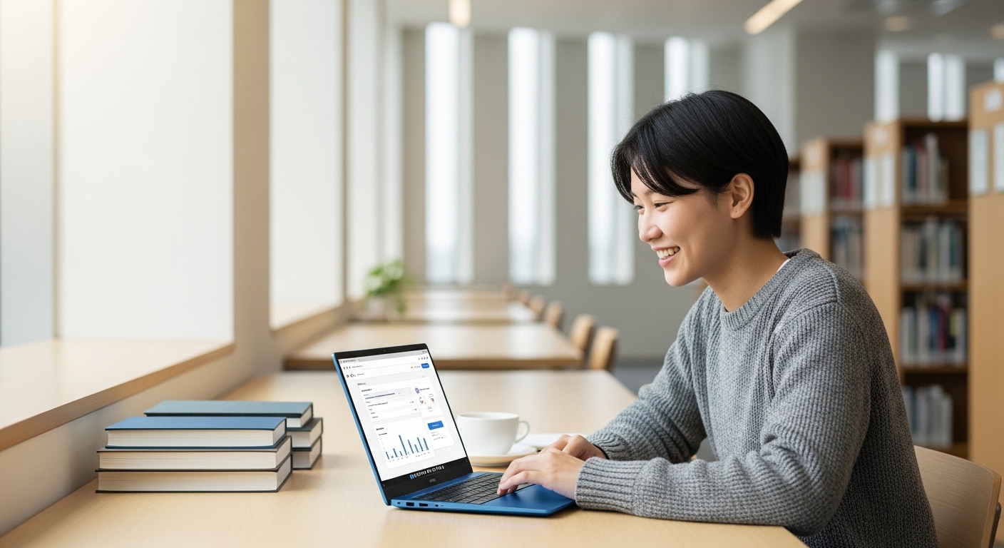 학생이 도서관에서 가벼운 가성비 노트북으로 온라인 강의를 듣는 모습, 휴대성 강조.