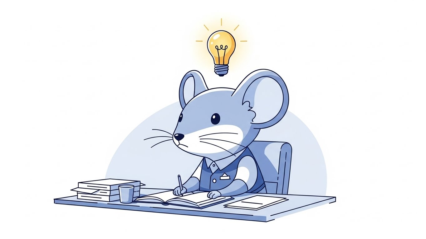 지혜로운 영감으로 주말을 정리하며 행운의 아이디어를 구체화하는 쥐띠 캐릭터의 현대적인 벡터 그래픽