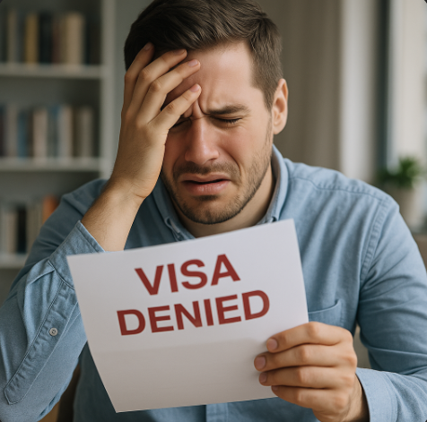비자 심사에서 탈락하여 절망하는 모습입니다.