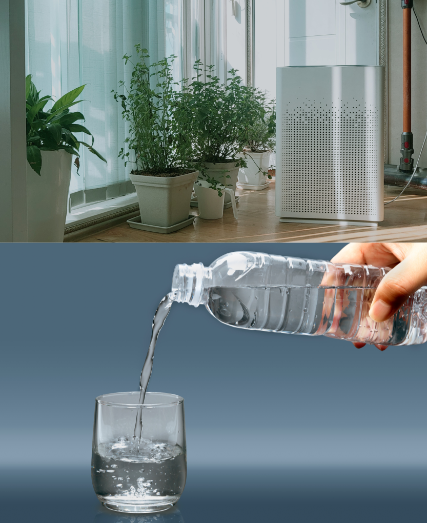 공기청정기와 실내 화분, 물을 컵에 따르는 장면