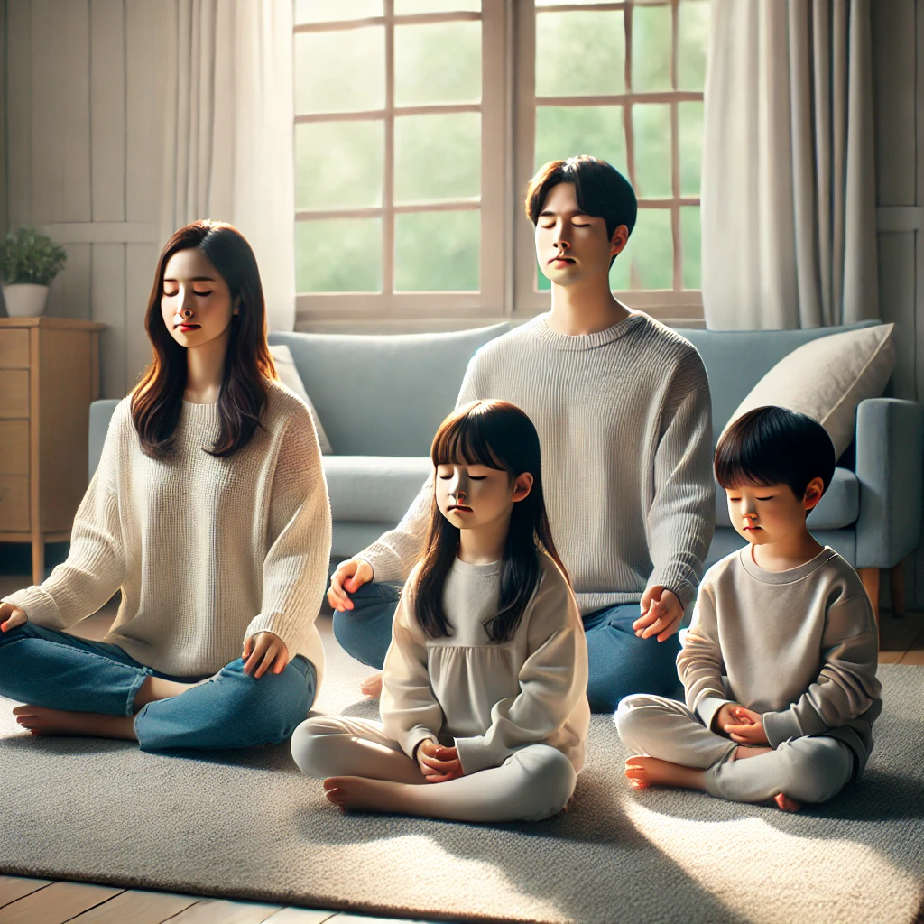 가족이 아늑한 거실에서 함께 명상을 실천하는 모습. 부모와 두 아이가 부드러운 러그 위에 다리를 꼬고 앉아 눈을 감고 깊은 숨을 들이마시며 평온을 유지하고 있습니다. 방 안은 은은한 조명과 평화로운 분위기를 자아냅니다