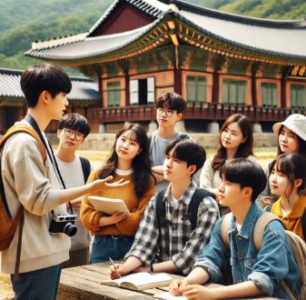 전통 유산지를 탐방하며 설명을 듣는 청소년들