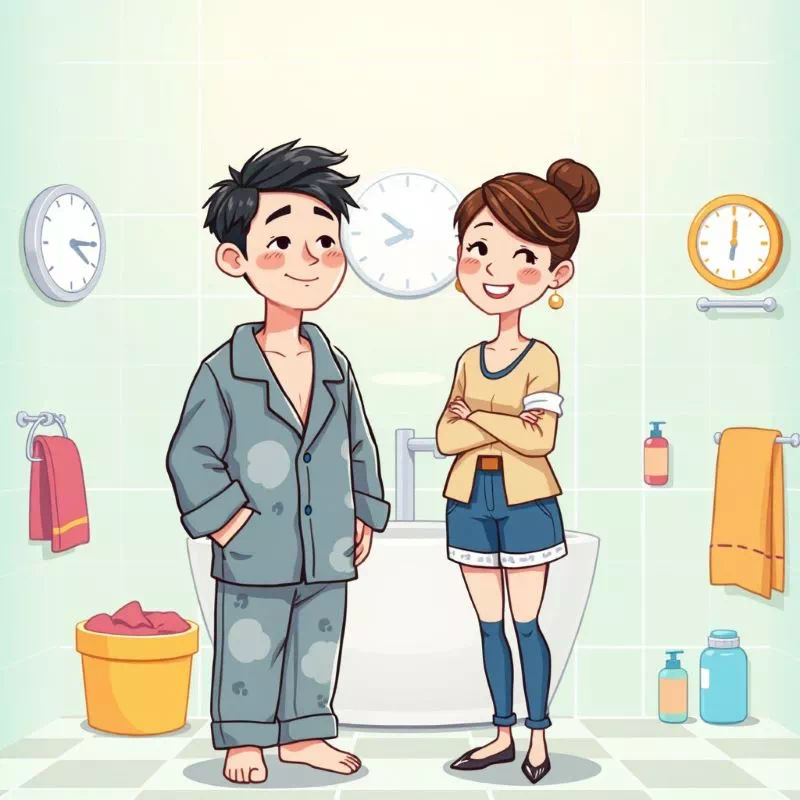 샤워 시간대를 두고 서로 다른 생활 습관을 가진 부부가 욕실 앞에서 마주 선 모습