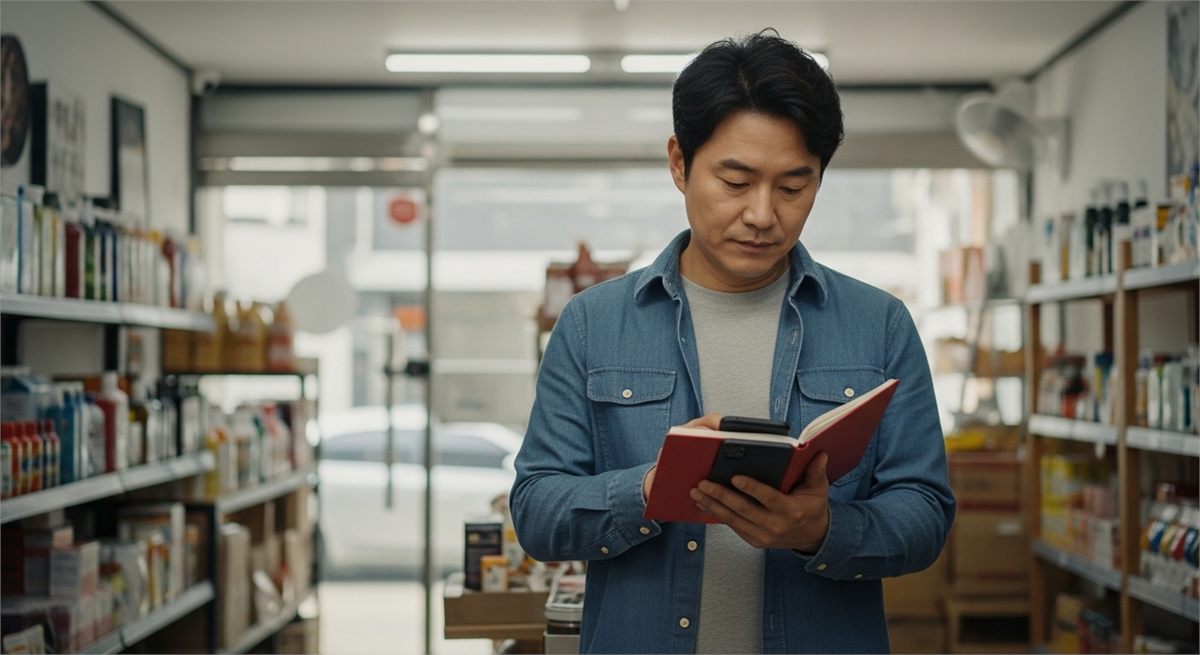 자영업자가 가게 안에서 비용과 보험료 기준을 점검하는 장면 