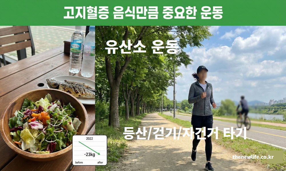 고지혈증에 좋은 음식 섭취와 함께 병행해야만 수치를 정상으로 돌리는 결정적인 열쇠가 되는 유산소 운동을 설명하는 이미지.