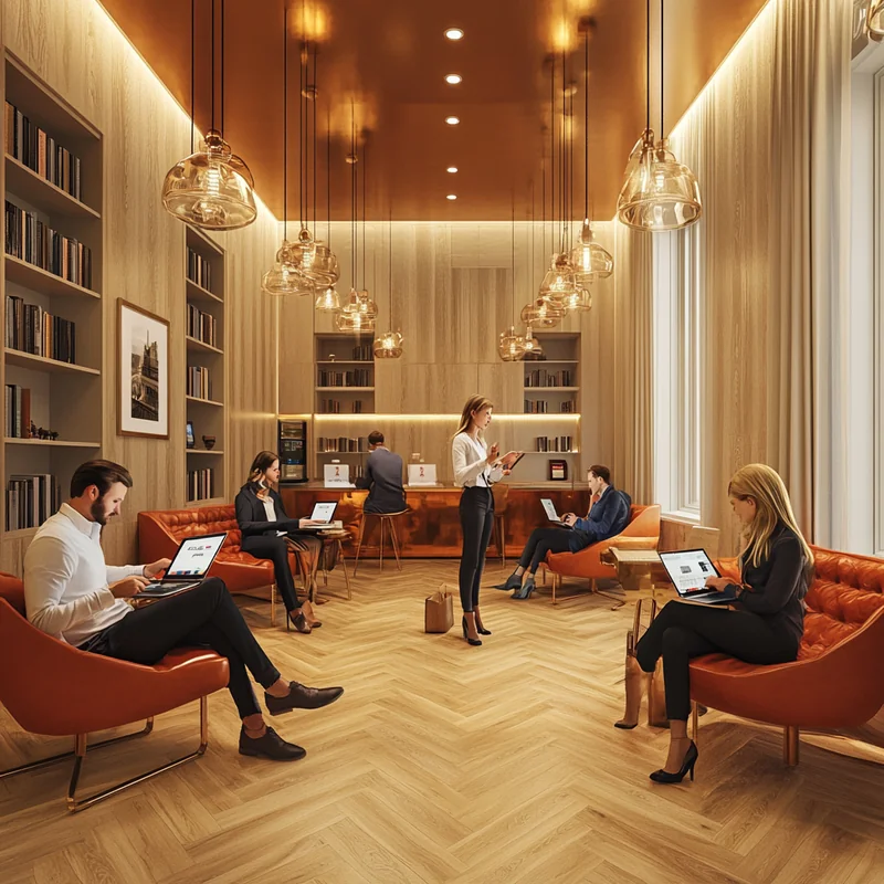 투자자들이 라운지에서 장기 전략에 대해 의견을 나누며 편안한 분위기를 조성하는 장면. 온화한 조명이 감성을 더하는 대화의 순간.