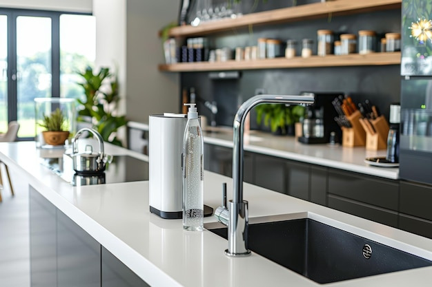 Modern kitchen with a water purifier and fresh produce