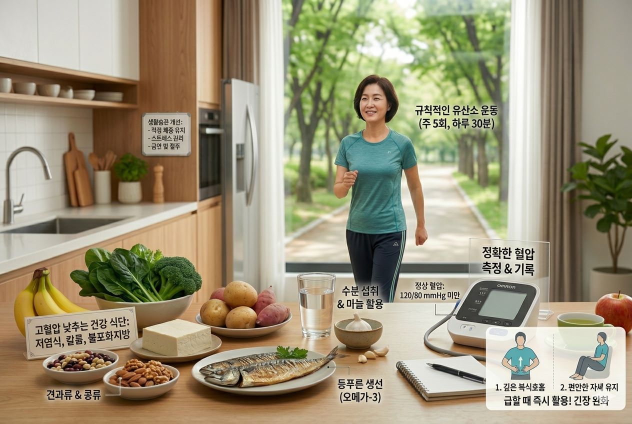 "고혈압 관리를 위한 종합 가이드를 담은 이미지. 식탁 위에는 바나나, 녹색 채소, 두부, 고구마, 등푸른 생선, 견과류 등 혈압 감소에 좋은 저염식, 칼륨, 불포화지방 식단이 차려져 있습니다. 옆으로는 혈압계, 기록용 수첩, 물 한 잔, 마늘이 놓여 있으며, 배경으로는 한 여성이 밝은 표정으로 실내에서 걷기 운동을 하고 있습니다. 이미지 곳곳에는 '규칙적인 유산소 운동 (주 5회, 하루 30분)', '정확한 혈압 측정 & 기록', '깊은 복식호흡', '편안한 자세 유지' 등 고혈압 관리를 위한 핵심 정보가 텍스트와 타이머 아이콘 등으로 직관적으로 안내되어 있습니다."