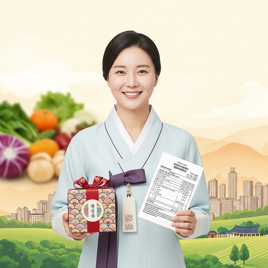 고향사랑기부제 답례품으로 제공되는 신선한 지역 특산물과 지역 상품권이 다채롭게 진열된 모습. 손이 상품권을 선택하고 있다.