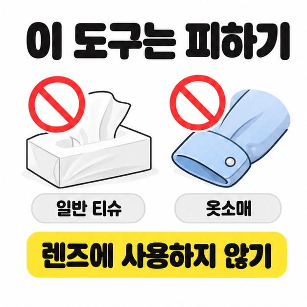 일반 티슈와 셔츠 옷소매에 금지 표시를 붙이고 렌즈에 사용하지 않도록 안내한 비교 그림