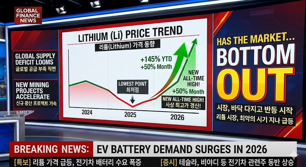 가파르게 우상향하는 리튬(Lithium) 가격 차트와 함께 'Bottom Out' 문구가 적힌 뉴스 그래픽