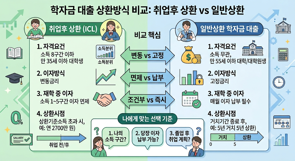 취업 후 상환 학자금대출과 일반 상환 학자금대출의 자격요건, 금리 방식, 상환 시점을 비교한 인포그래픽