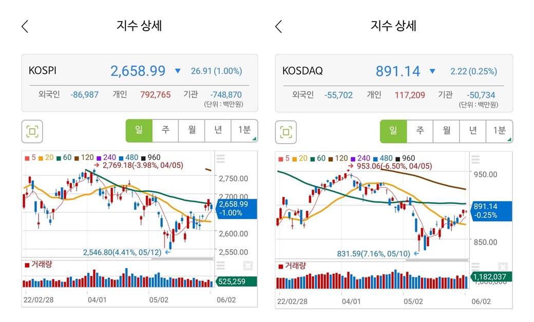 2022년 6월 2일) 코스피 / 코스닥 지수 상세 차트를 보여주는 그림표